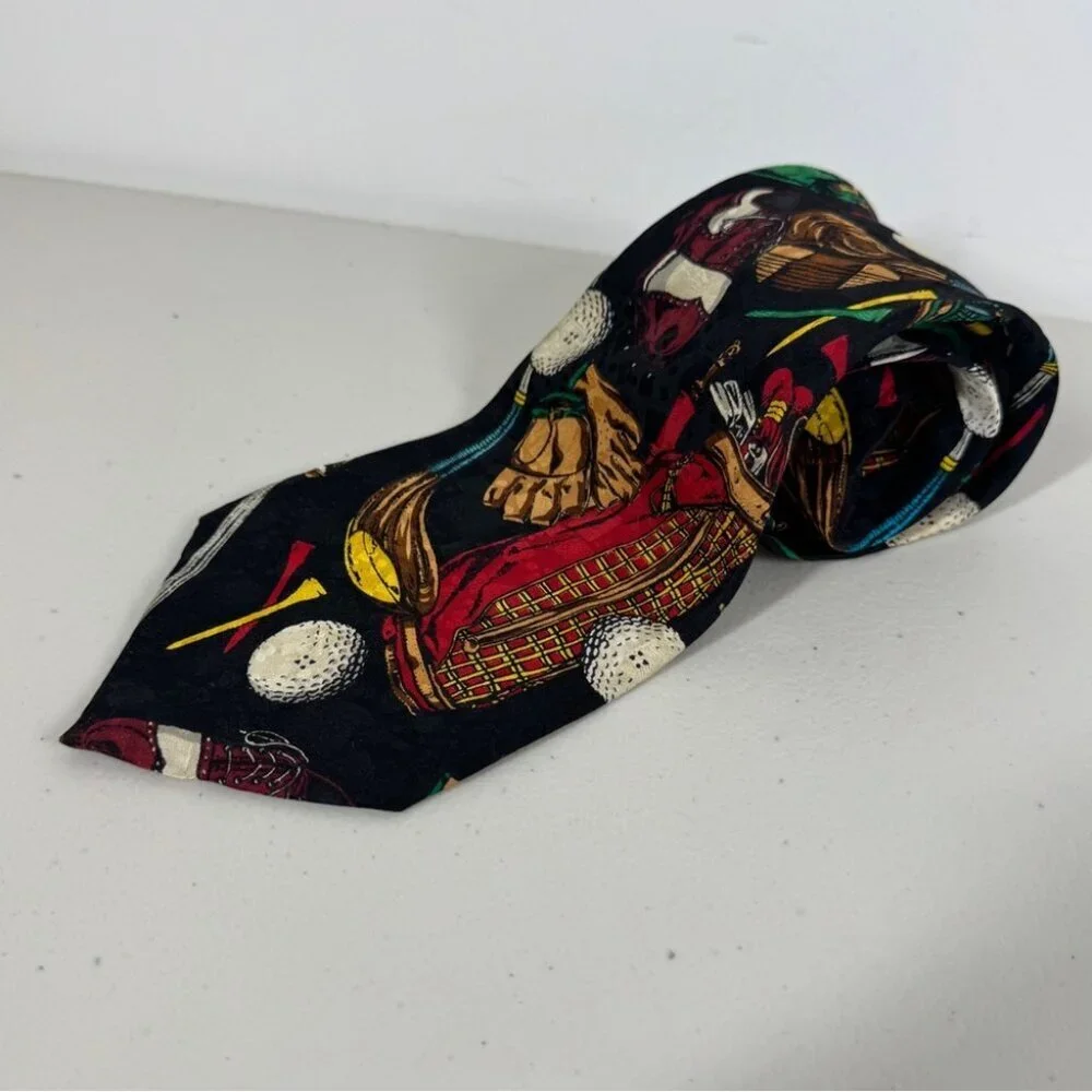 Vintage Golf Theme Silk Tie Black Novelty Golf Clubs Balls Summer Event Funky